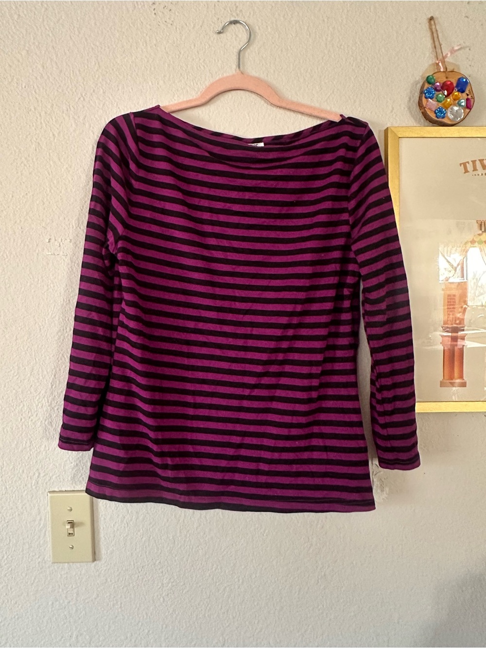 Unique Vintage XL/14 Black and Purple Striped Boat Neck Top